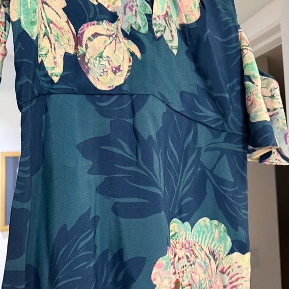 Maeve Anthropologie Floral Cold Shoulder Teal Midi Length Dress Sz 4 Modest - Picture 4 of 14
